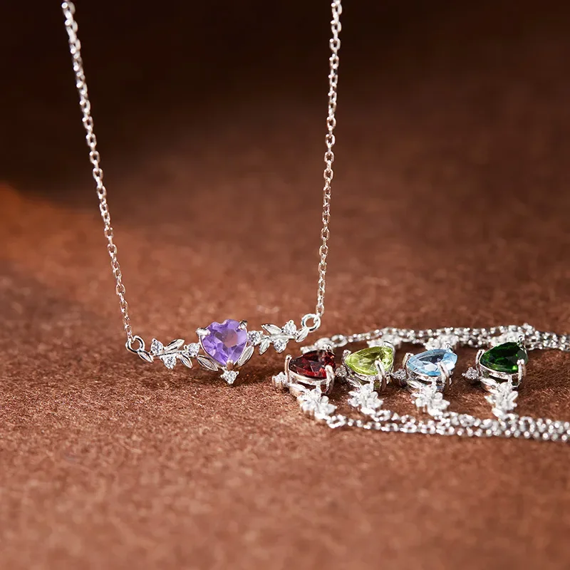 Leaf Natural Color Treasure Necklace Citrine Amethyst Diopside Olivine Garnet S925 Sterling Silver Wholesale