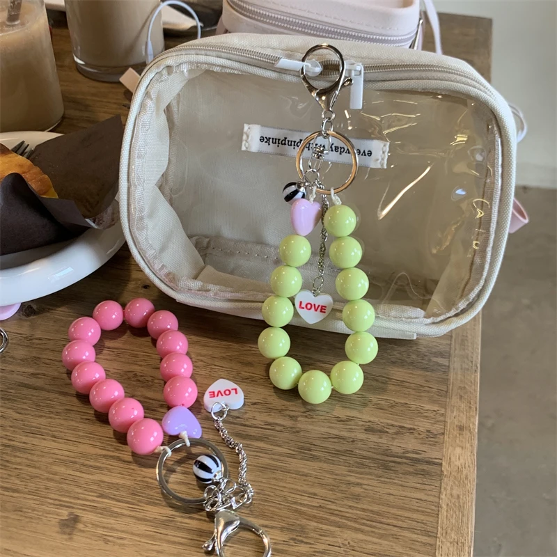 Korean Cute Love Heart Beaded Colorful Sweet Phone Bracelet For iPhone Girl Accessories Universal Anti-Lost Lanyard Hanging Cord