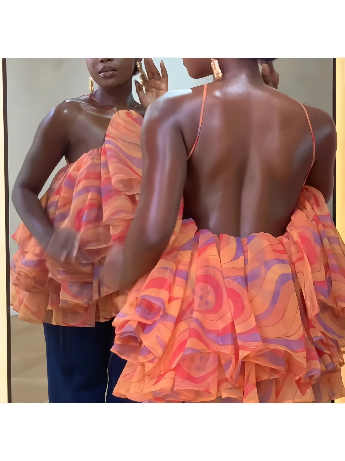Schwierig bedrucktes, rückenfreies Crop-Top mit Spaghettiträgern, mehrlagigem Rüschen-Organza und fließendem, elegantem Puff-Tiered-Sommer-Camisole-Top für Damen