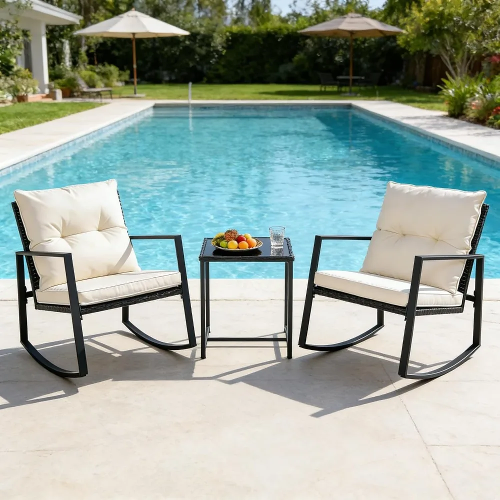 3 Pack Black Wicker Rocking Bistro Set, Porch Conversation Furniture With Glass Coffee Table, Custom
