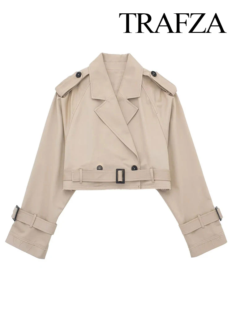 TRAFZA Spring Sutumn Women Fashion Cropped Trench With Belt For Female Long Sleeve Lapel Collar Jacket Single Button Streetwear