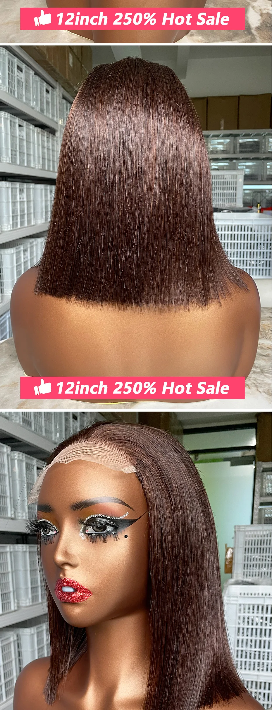 # 2 Schokoladenbraune 5x5 2x6 Front Lace Glueless Perücke 13x4 Knochenglatte Bob-Perücken 100% Echthaar Rohes Vietnamesisches Super Double Drawn – Detail 7