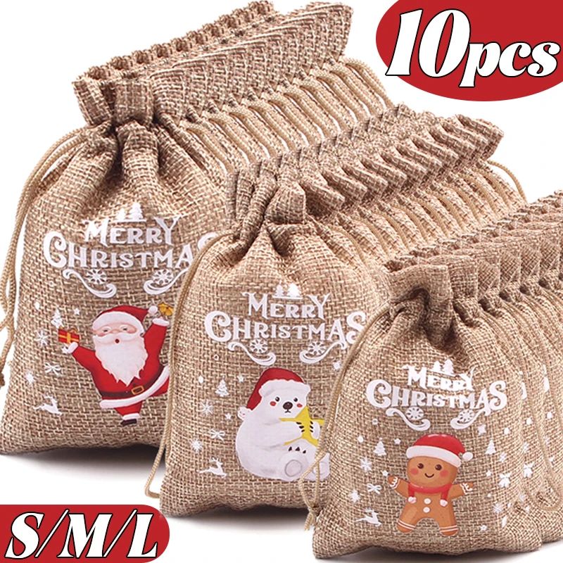 Hurtownia świątecznych torebek lnianych Cartoon Santa Claus Snowman Candy Gifts Drawstring Bag for Xmas Party Packaging Storage Pouches