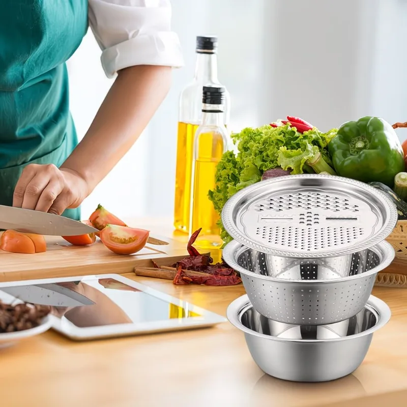 Multi Function Stainless Steel Grater Bowl with Colander Vegetable Slicer Shredder for Potato Carrot Kitchen Washing Basin