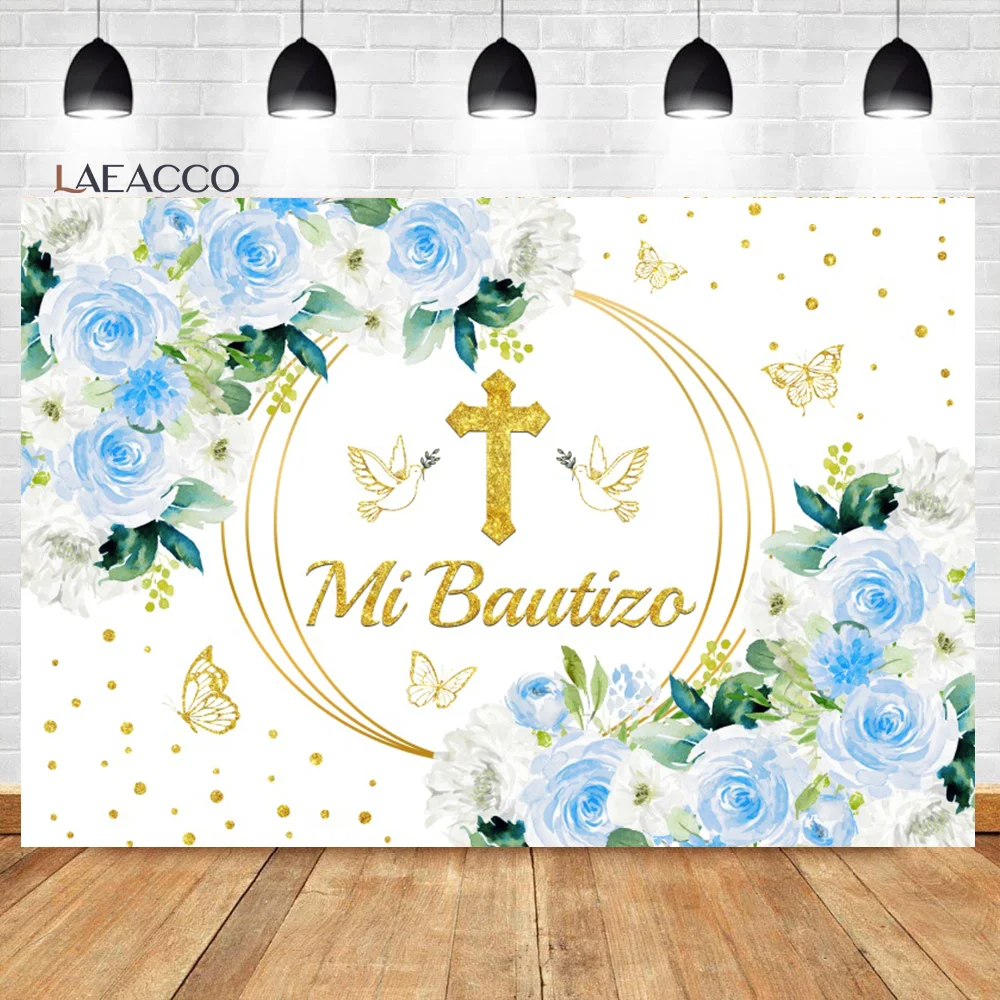 Laeacco Mi Bautizo Backdrop Cute Angel Gold Cross Peace Dove Boy Girl Baptism Christening Portrait Custom Photography Background