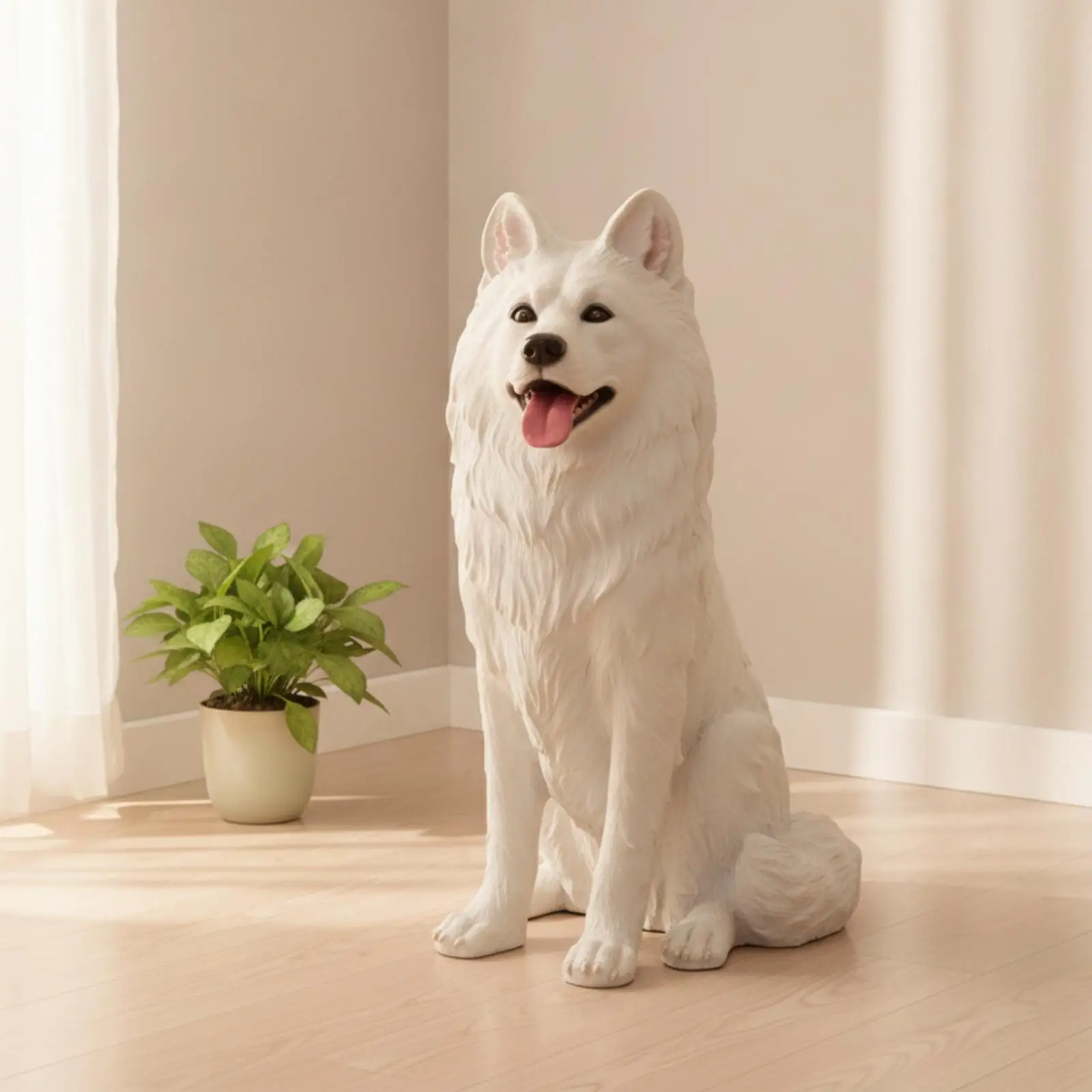 Seated Samoyed Dog Figurine Fiberglass Decorative Statue for Courtyard Porch Entryway Home Accent