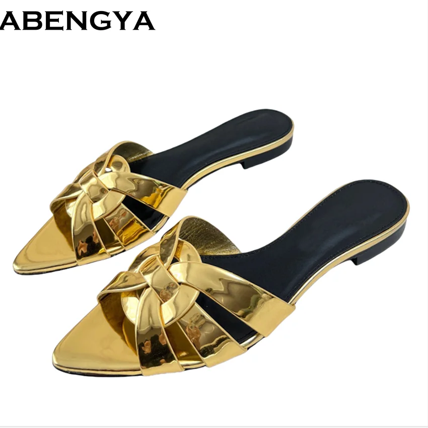 new-weave-leather-flat-slippers-women-point-toe-slides-summer-beach-shoes-for-woman-slippers-women's-sandals-2025