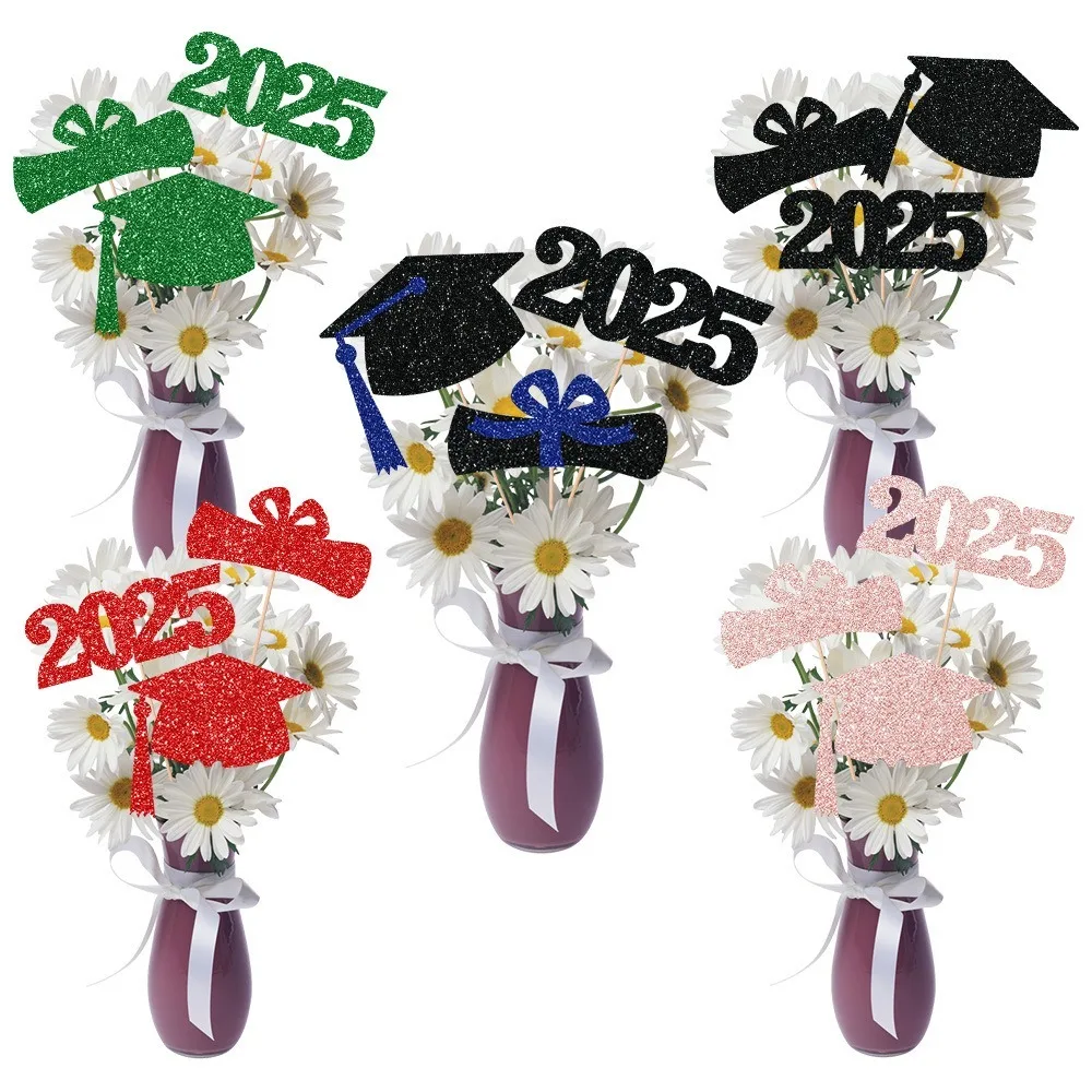 6pcs New Bling Paper Graduation Cake Toppers Doctoral Cap DIY Graduation Centerpiece Sticks Flower Vase Ornament Cake Decor