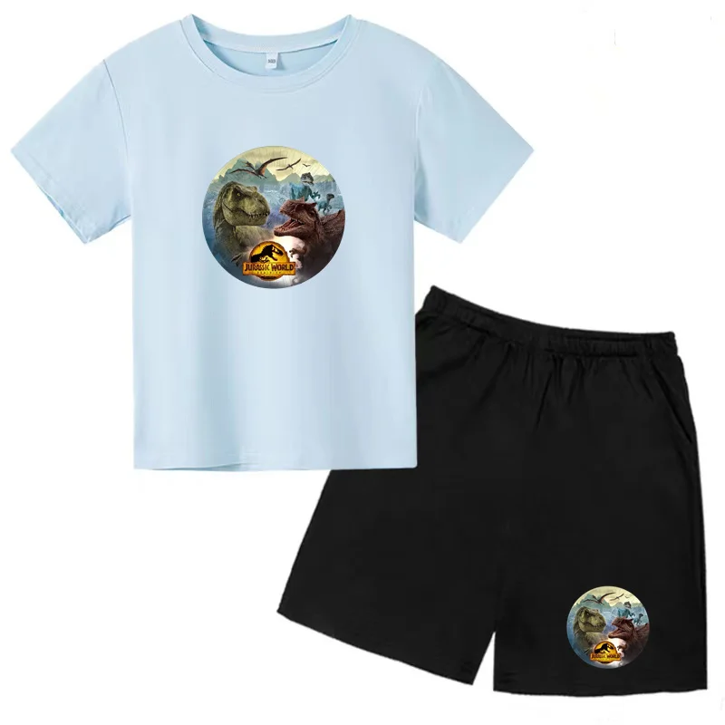 

New Jurassic Park Dinosaur Print T-Shirt Summer Kids Cartoon Fashion Trend Style Short Sleeve Top + Shorts 2P Toddler Sports Set