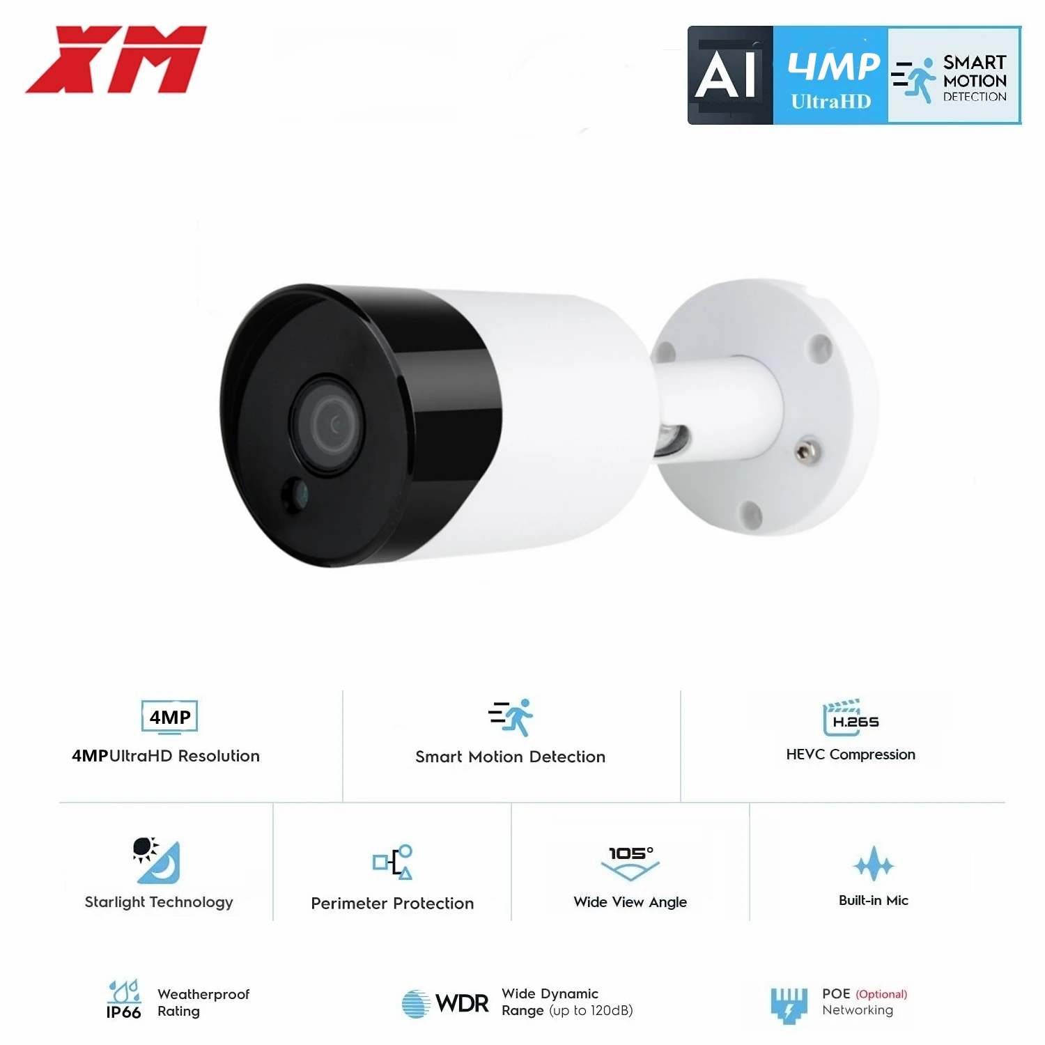 

XMEye HD 4.0MP Audio Record CCTV POE IP Camera Outdoor Waterproof IR P2P Security Surveillance Bullet IP Camera