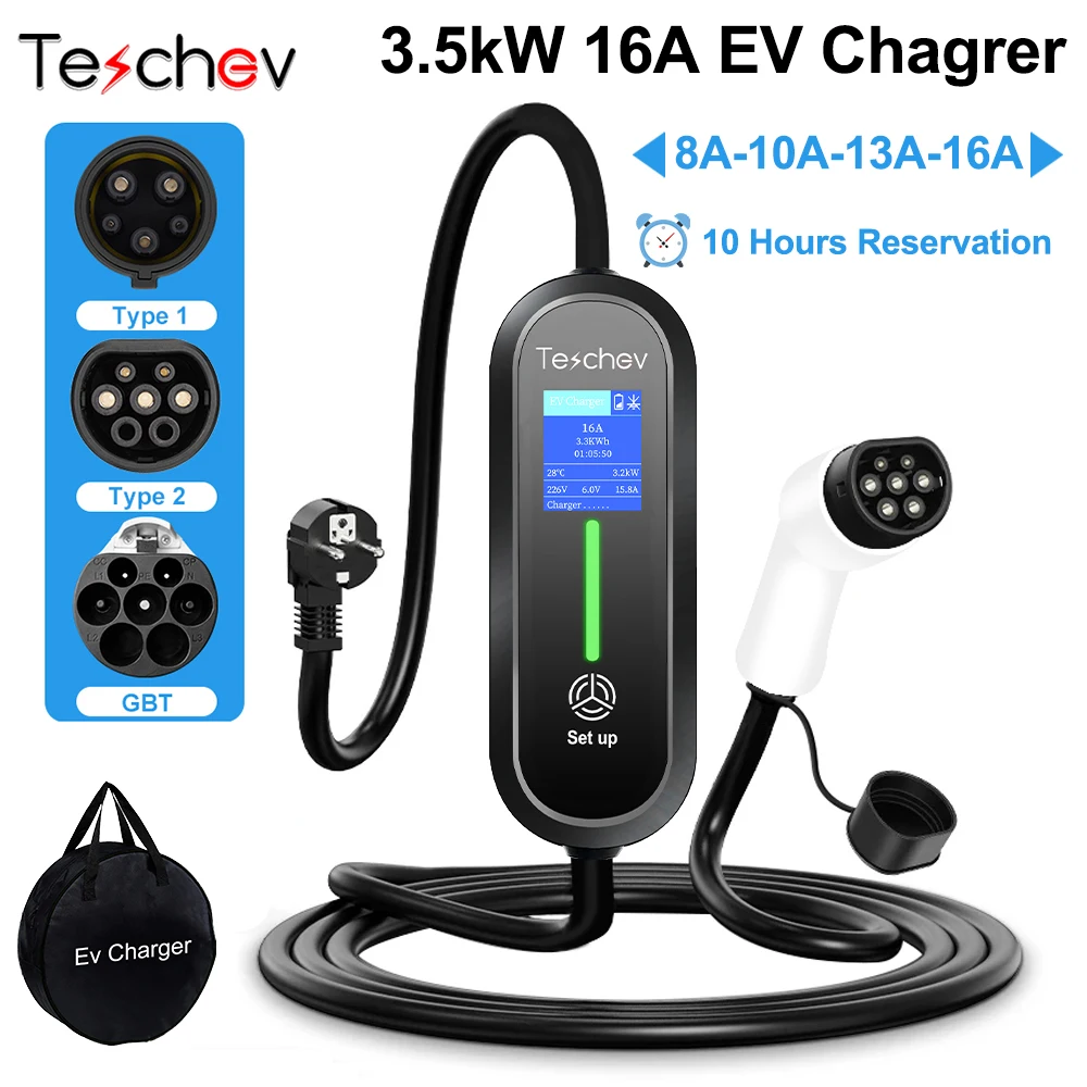 Teschev 16A Type 1 Electric Car Charger Type 2 Charging Cable GBT Charging Station Wallbox EVSE 3.5kW Electric Charger Cord