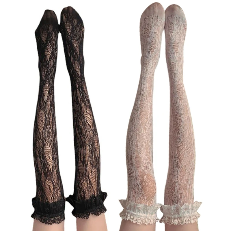 Japanese  Fishnet Thigh High Stockings Womens Frilly Ruffled Floral Lace Jacquard Patterned Over Knee Long Socks T8NB