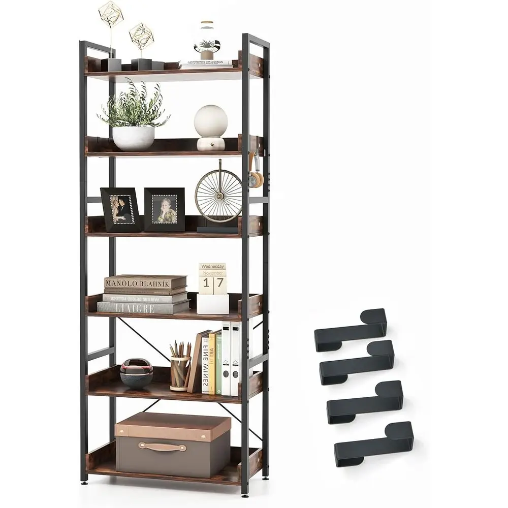 

6-Tier Standing Bookshelf, 70 Tall with Hooks, Anti-Tip, Adjustable Feet, Wooden Floor Display Rack