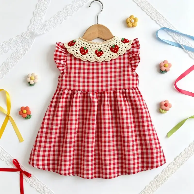 Vestido de Verano para Niña, Vestido de Algodón a Cuadros Rojos, Lindo Vestido de Playa con Solapa de Fresa para Niña