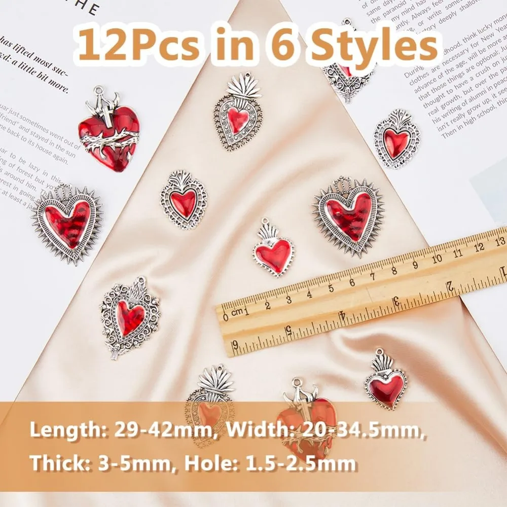 12Pcs Red Heart Charms Alloy Enamel Pendants Sacred Heart Charms Set Antique Silver Romantic Love Charms Gothic making kit