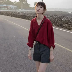 Collar Formal Clothes Office Outfits Womens Shirt & Blouse Red Loose Button Up Wear To Work Tops for Women White S Vintage Cool