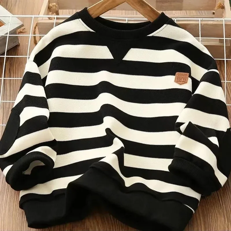 

2026 New Boys Hoodie Spring and Autumn Children's Casual Top New Large Children's Striped Loose T-shirt Sweater