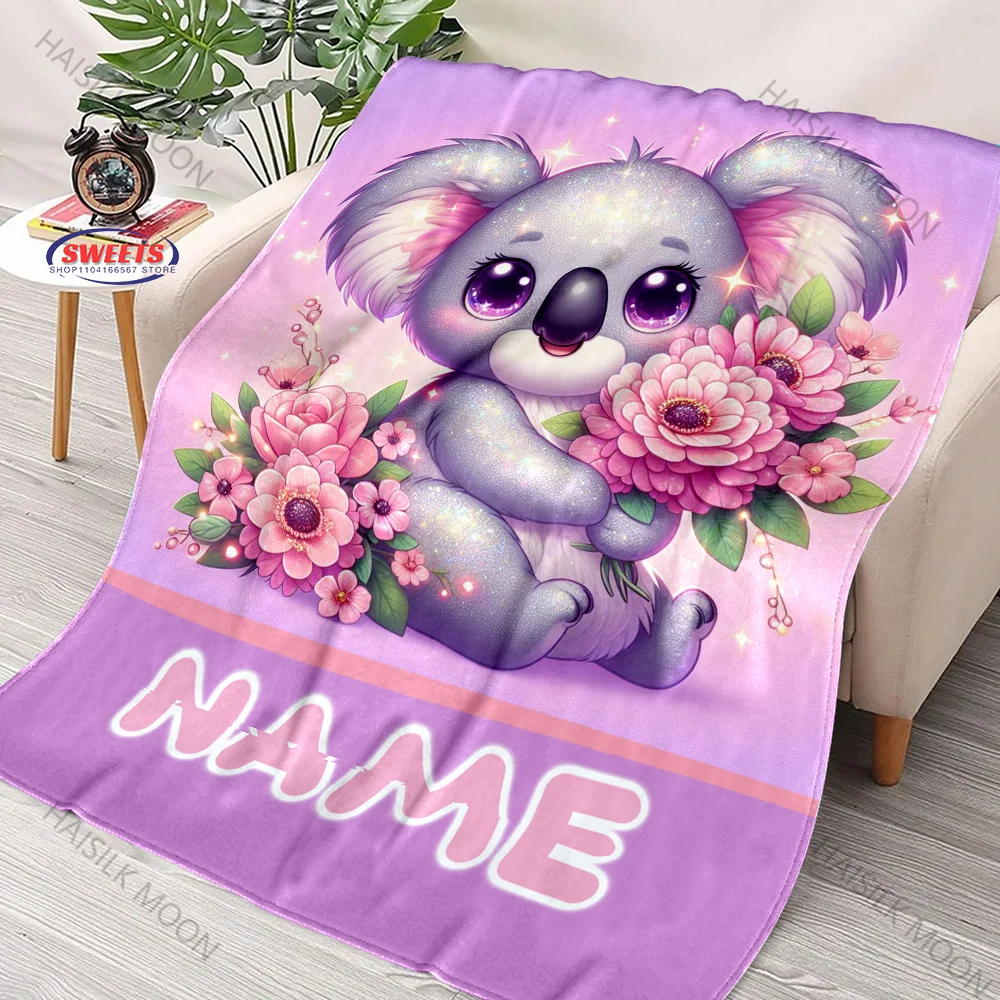 Personalized Name Custom Cute Cartoon Koala Print Blanket Gifts for Kids Home Couch Sofa Bed Lounging Travel Lightweight Blanket