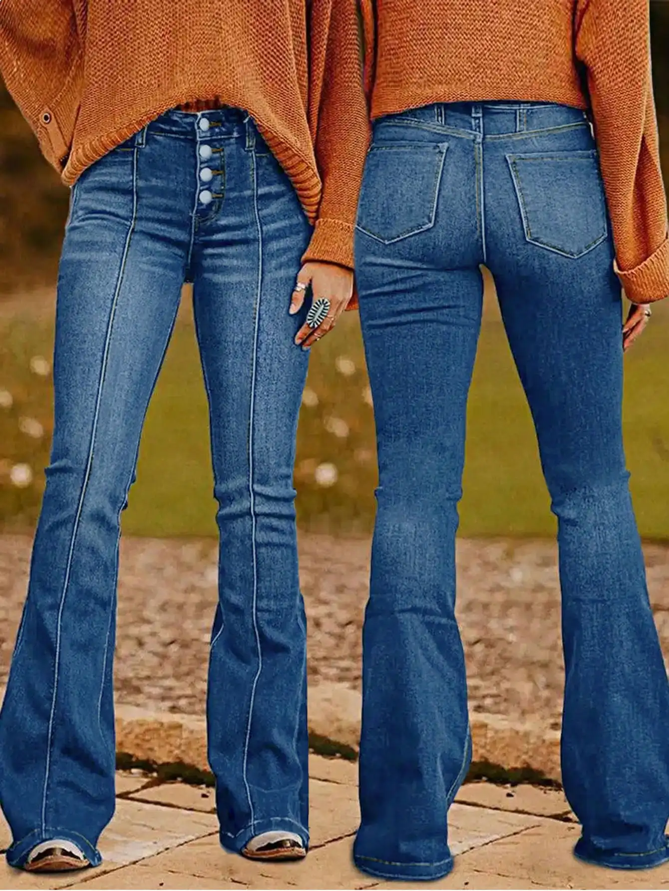 

Джинсы-клеш с высокой талией и пуговицами спереди для женщин, винтажные джинсовые брюки с зауженным силуэтом и расклешенными штанинами.