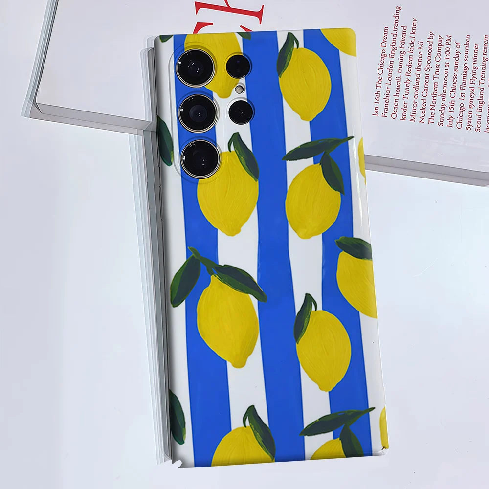 Blue Stripe Lemon Phone Case for Samsung Galaxy S26 S25 S24 S23 Ultra Plus Luxury Double-layer anti-fall Back Cover