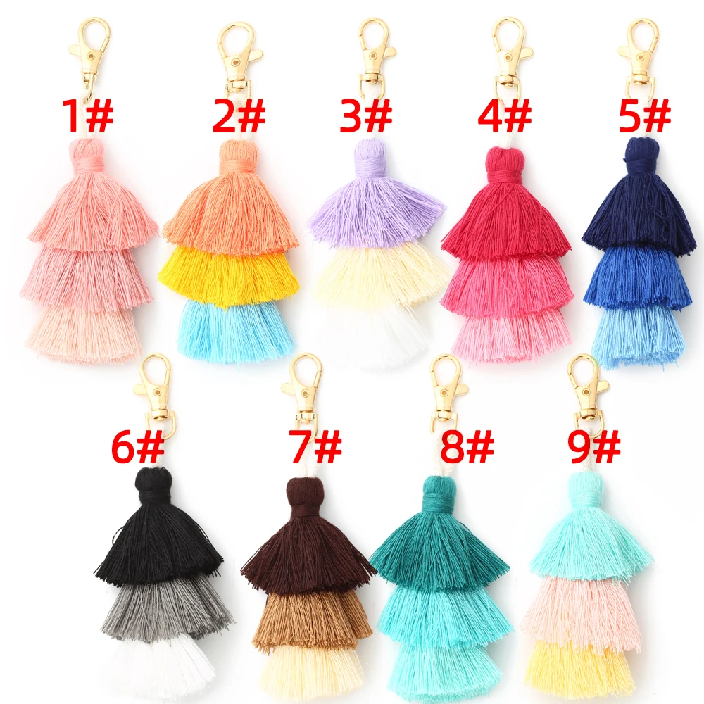 New Handmade Bohemian Bag Accessories Wholesale Three Layers Cotton Tassel Keychain Colorful Multi-layer Tassel Boho Accessory