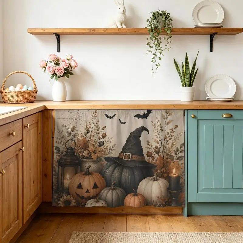 VIKAMA Vintage Halloween Pumpkin Witch Hat Under Sink Skirt Rod Pocket Cabinet Curtain Farmhouse Kitchen Decor