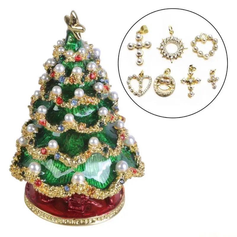 

D46E Christmas Tree Trinket Box Jewelry Hand Painted Enameled Vintage