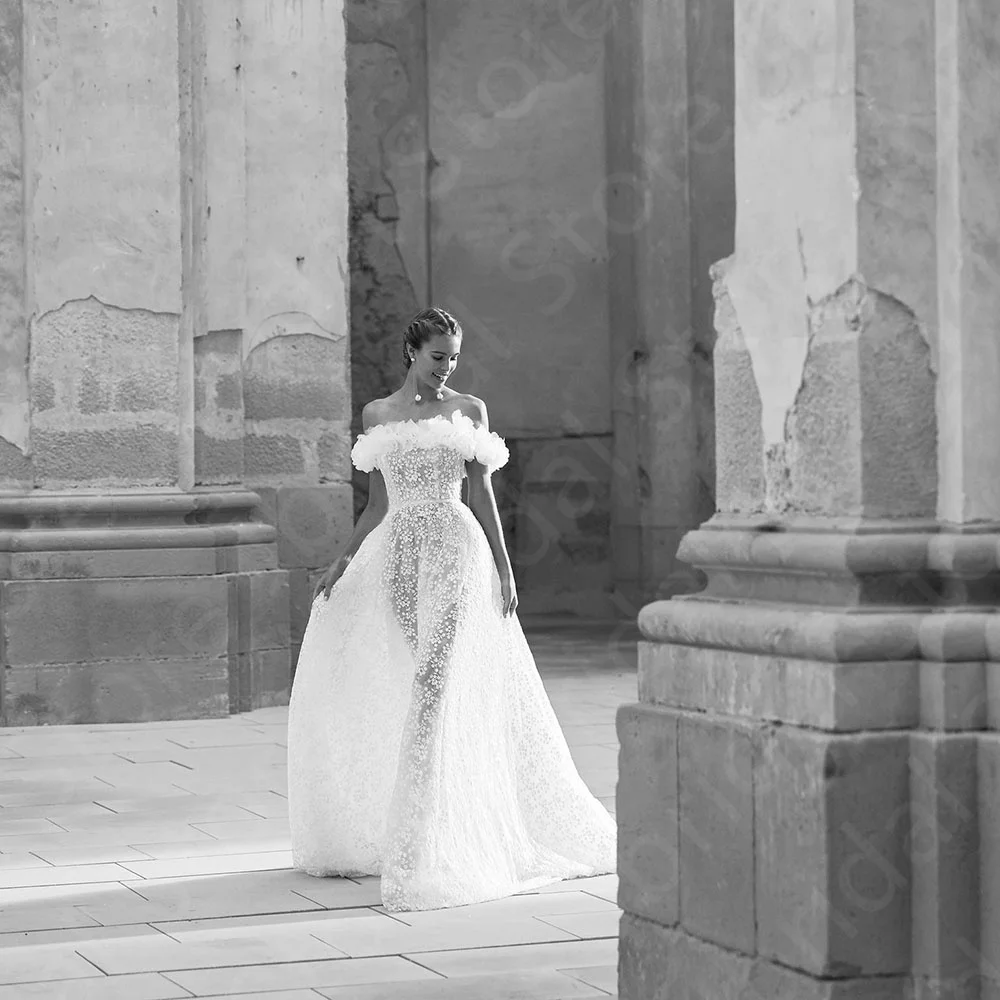 Aangepaste nieuwe prachtige trouwjurken kanten bruidsjurken off-shoulder mouwen bruidjurken 2025, bruidsjurken terug uit