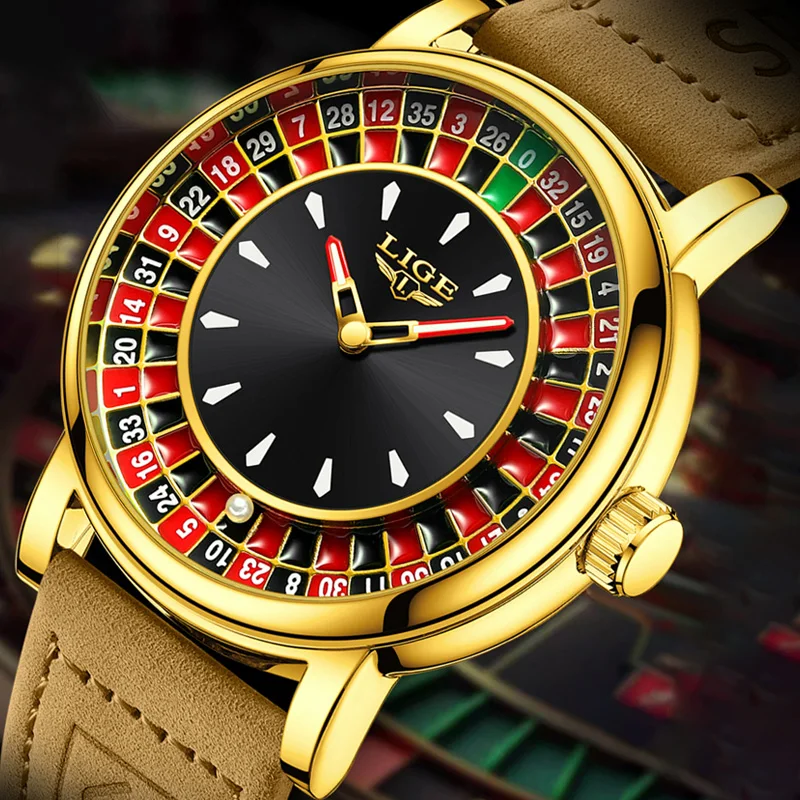 Herrenuhren LIGE Russisches Roulette-Spiel Zifferblatt Echtes Lederarmband Uhr für Männer Wasserdicht Leuchtende Quarz-Armbanduhren Rollende Kugel