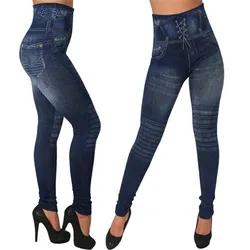 Women's Denim Jean High Waisted Leggings Seamless Cotton Leggings Ladies Sexy Yoga Pants Blue Yoga Trousers