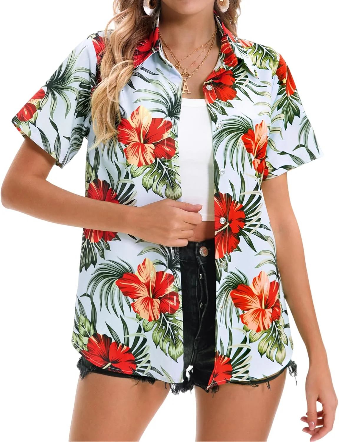 2026 Women's Fashion New Arrival Short Sleeve Collar Shirt Tropical Plant 3D Printed Shirt Hawaiian Vacation Outdoor Leisure Top