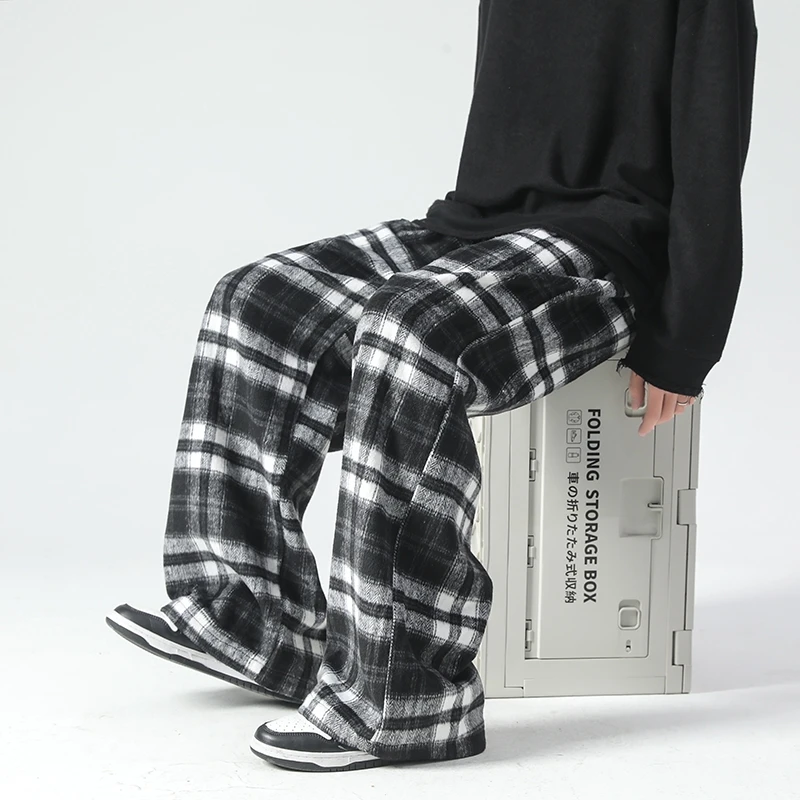 Vintage Color Plaid Pants Men\'s Loose Wide Leg Pants Autumn New Lazy Wind Straight-leg Leisure Trousers Male Jogger Sweatpant