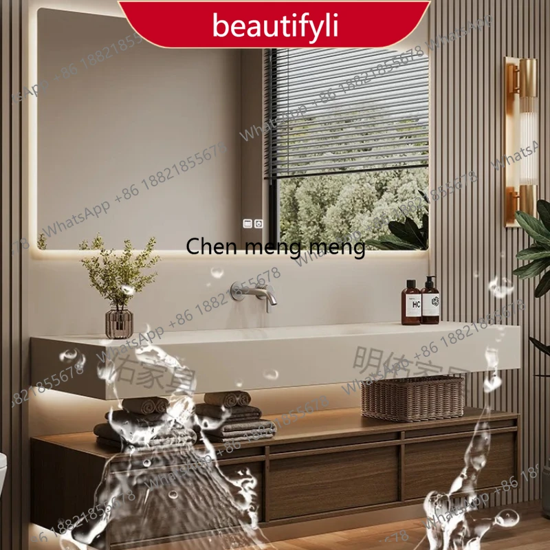Antique Bathroom Hand Wash Washbasin Bathroom Furniture Sets Solid Wood Bathroom Cabinet Rock Slab Seamless Integrated Basin