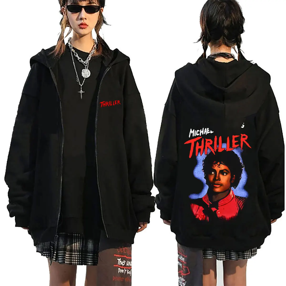 Michael Jackson Thriller Merch Zipper Hoodie Men Women Vintage Gothic Rock Zip Up Jacket Coat Men's Fashion Oversized Streetwear