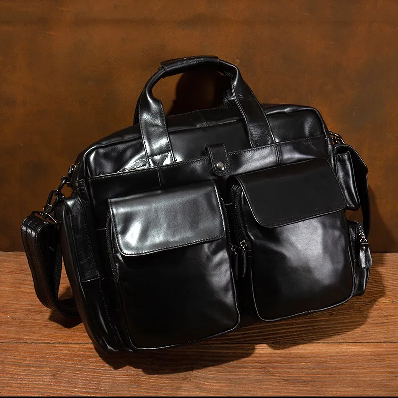 

Мужской горизонтальный портфель из воловьей кожи высшего класса, сумка для компьютера с несколькими карманами, повседневная дорожная сумка из натуральной кожи.