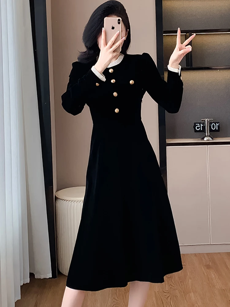 Frauen Koreanische Vintage Bodycon Prom Kleidung Herbst Winter Schwarz Samt Chic Rüschen Kragen Langes Kleid 2025, Elegante Luxus Vestidos