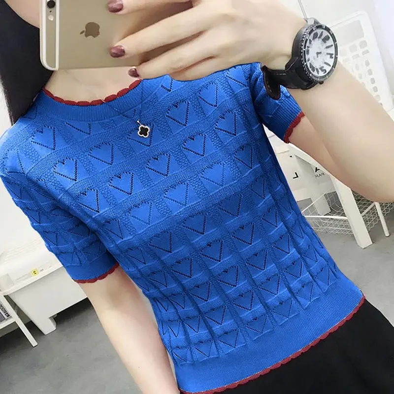 Fashion Loose Knitted Ruffles Hollow Out T-Shirt Women\'s Clothing 2023 Summer New Casual Pullovers Short Sleeve Korean Tee Shirt