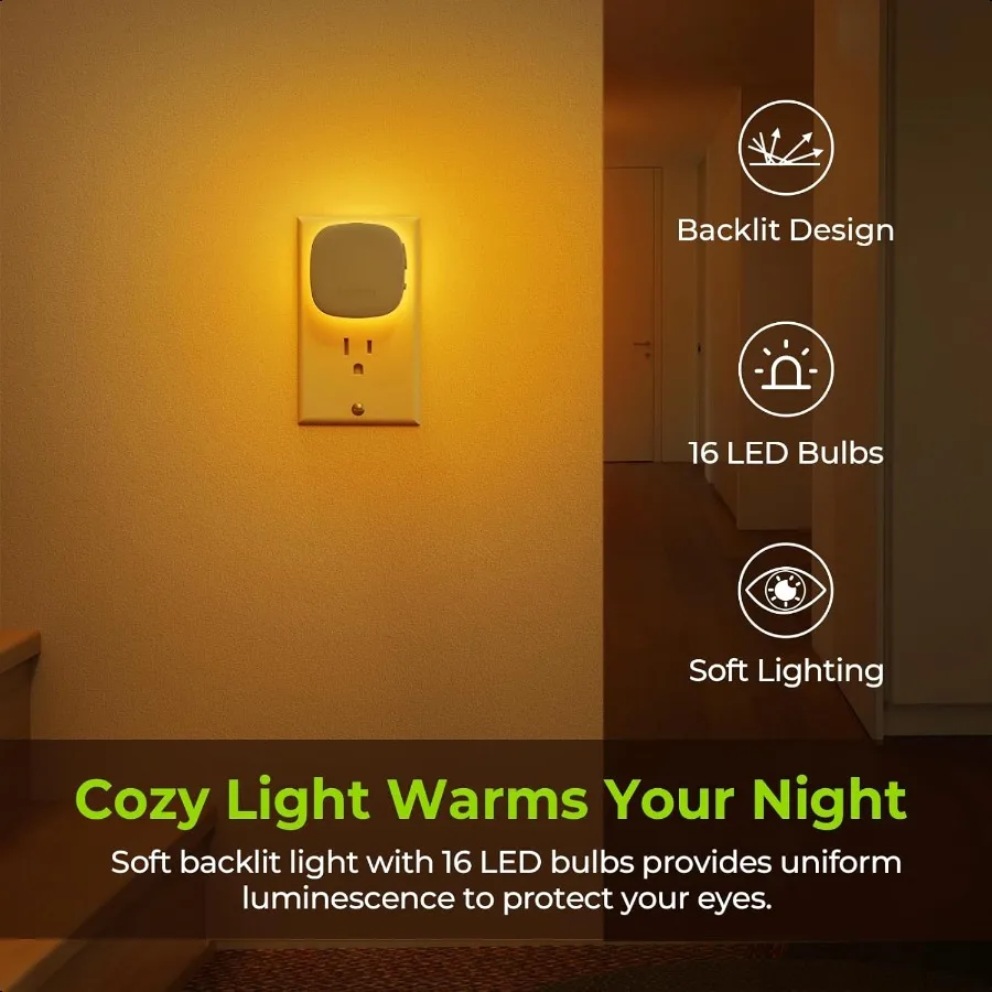Plugin LED Backlit Night Light with Motion Sensor Dusk to Dawn Sensor Dimmable Amber Nightlight with 150 lm Adjustable Brightn