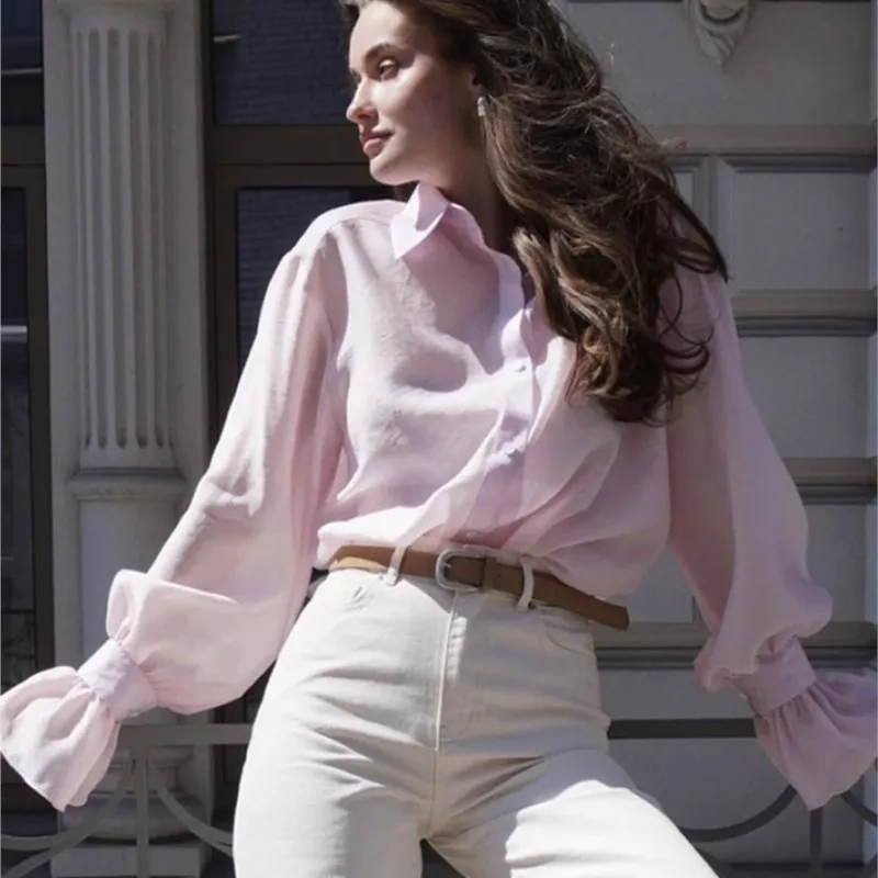 

2025 Autumn New Commuting Flare Long Sleeve Shirt Button Office Wear Woman Blouse Loose Casual Women's Shirt White Pink Blusas