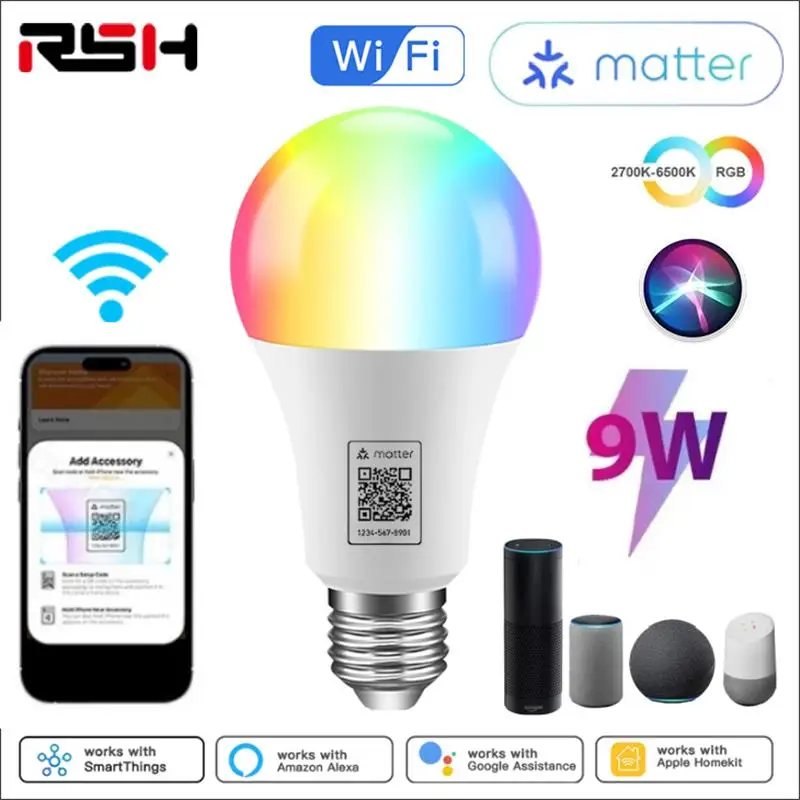 WiFi Matter 9W LED Light Bulb RGBCW E27 Smart Dimmable Lamp 9W LED Light Voice Control Homekit Siri Google Home Smartthing Alexa