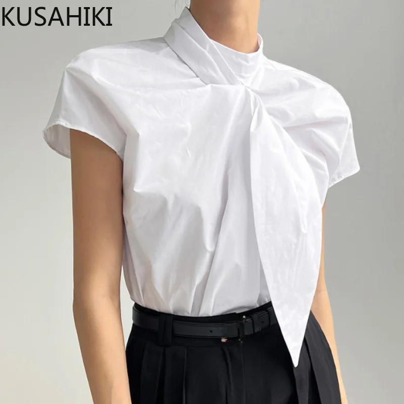 KUSAHIKI Korea Chic Summer Women Blouse Tops Chic Twisted Stand Neck Blusas Femme 2023 New Fashion Elegant Tops Mujer