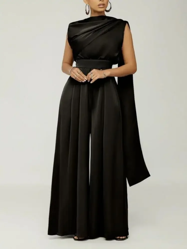 

Женский Однотонный черный комбинезон Onecozyday, без рукавов, с высокой талией, с широкими штанинами, цельный костюм, элегантный вечерний комбинезон