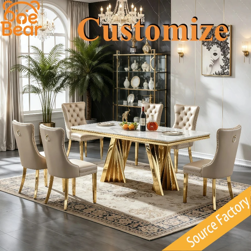 Custom Size Marble Dinner Table Heat Resistant Easy Clean Stone Top Stainless Steel Support For Commercial Interior Furnishing
