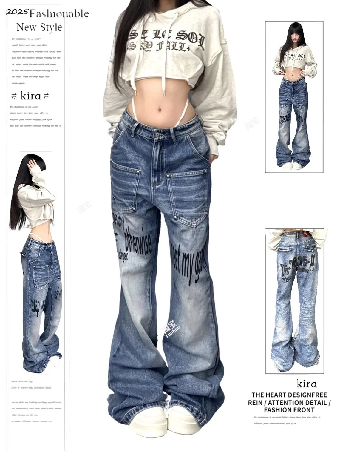

Letter Jeans American Casual Style Vintage Straight-cut Loose-fitting High-street Wide-leg Pants Pant Jeans Women Woman Clothing