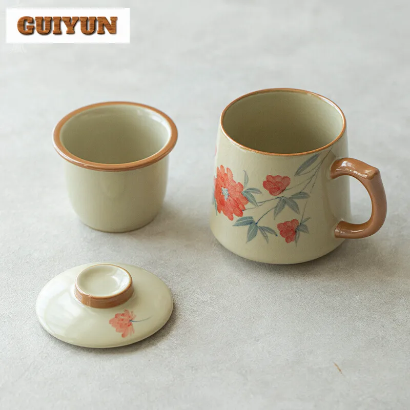 350ml Hand-painted Hibiscus Flower Filter Tea Separator Cup Work Office Mug Household Tea Brewing Personalized Mug Cafes Crafts