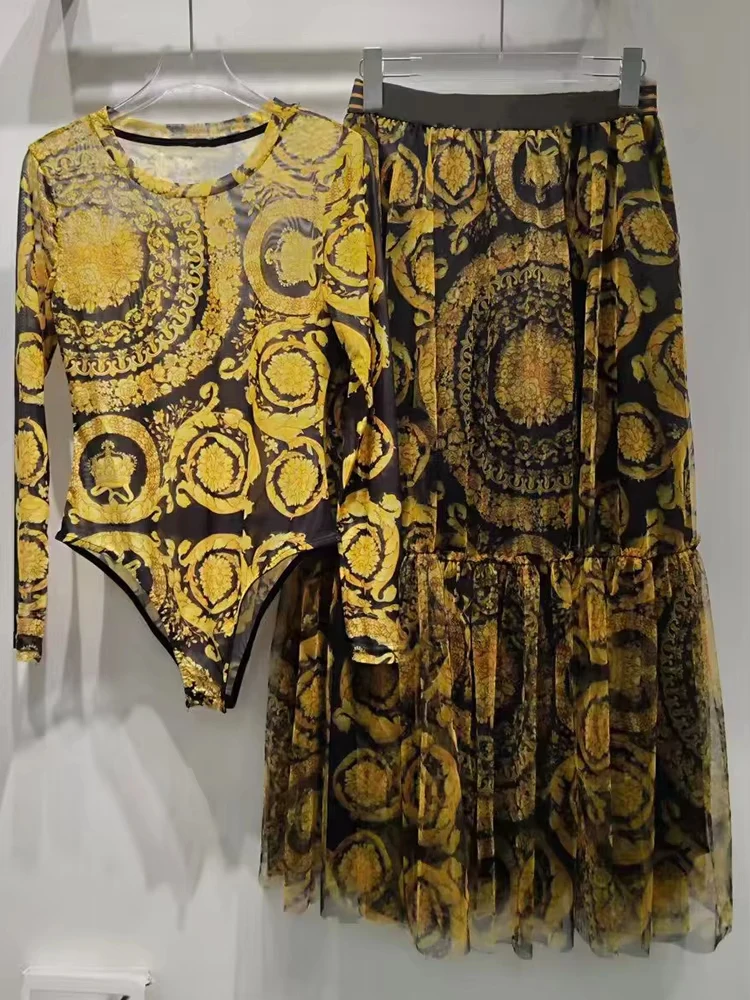 

Retro spring new fashion women's suit long sleeve gauze printed top high waist big swing skirt temperament two-piece dress 신상