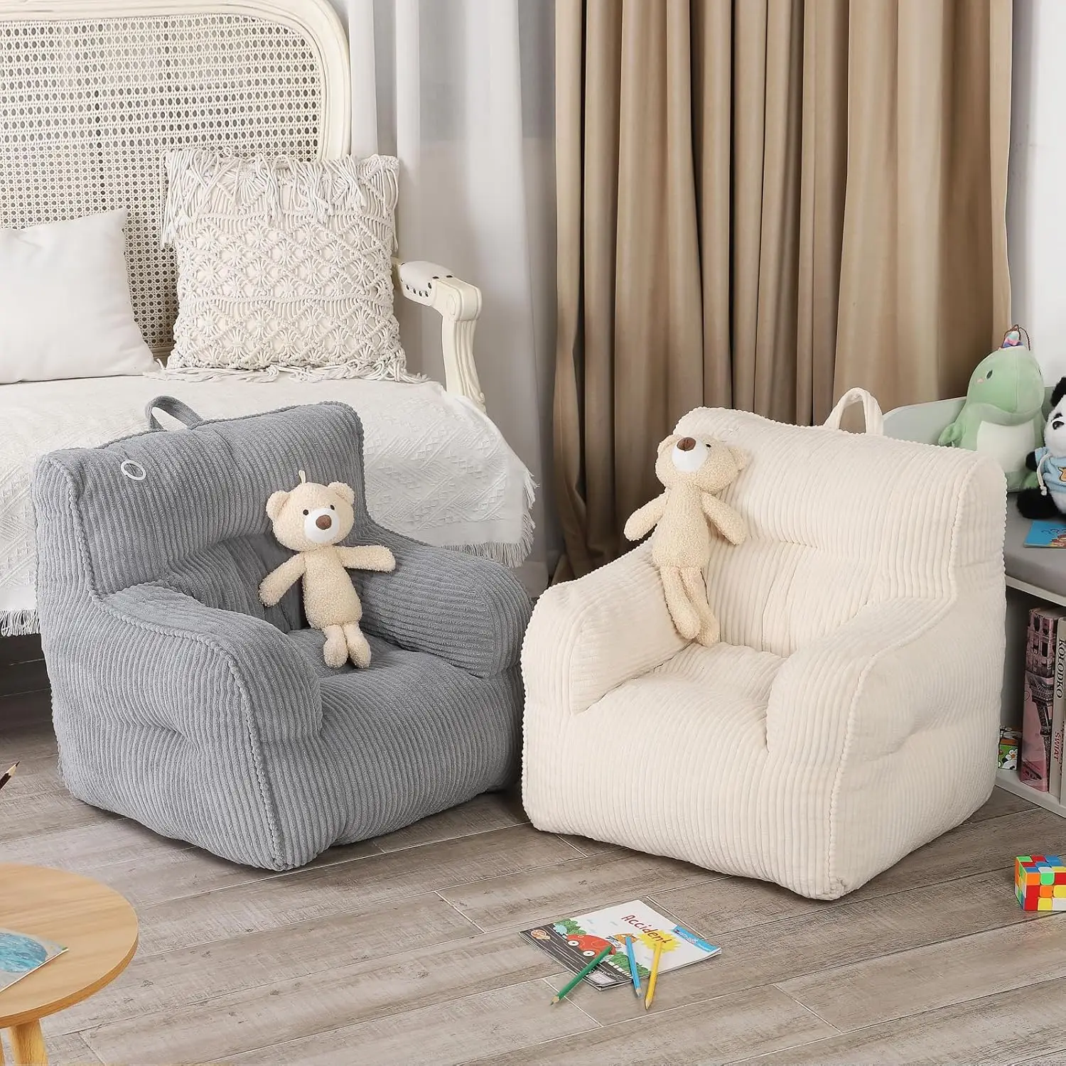 Bean Bag Chair with a Plush Bear, Comfy Toddler Chair for Boys and Girls, Grey