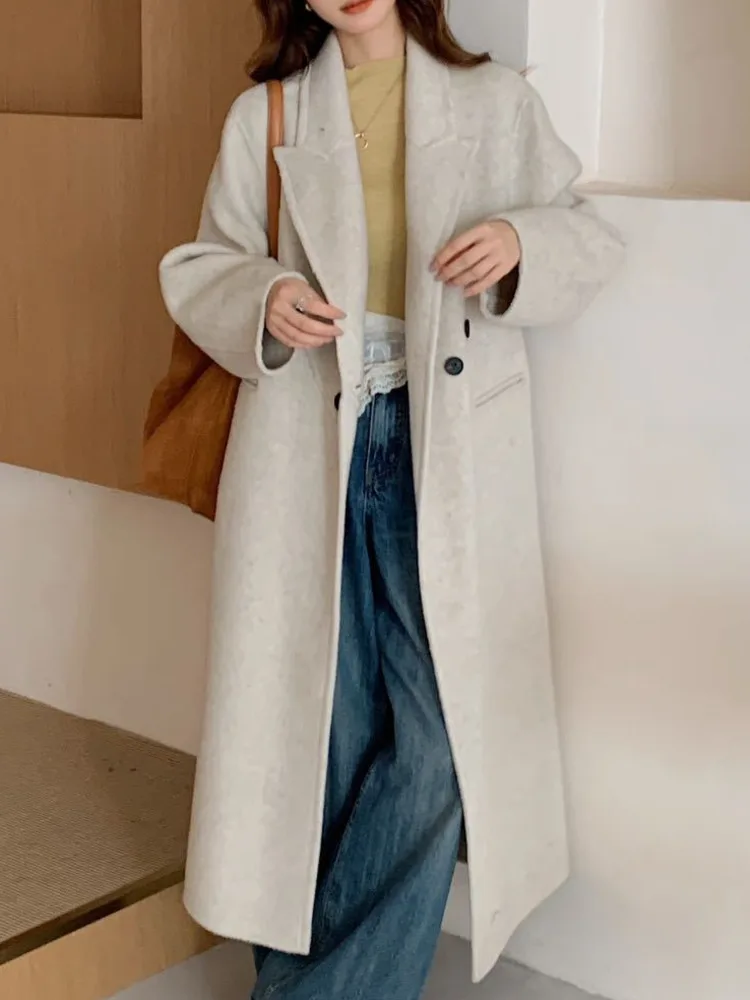 ZMEENNA レディース ロング ウール ブレンド コート ダブルブレスト 暖かい 冬 アウター エレガント ルーズ フィット クリーム ベージュ マキシ ZM4435