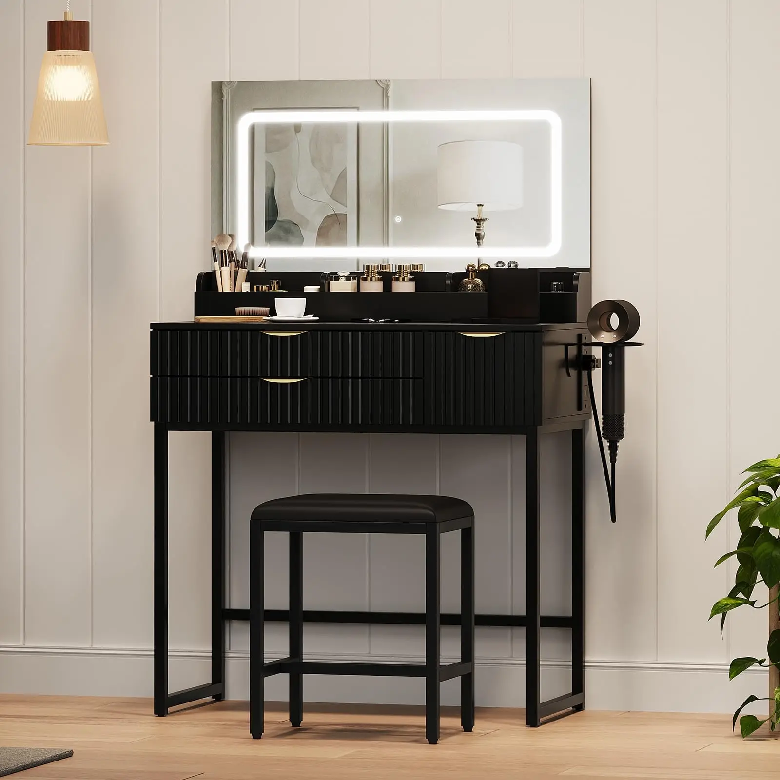 Modern Vanity Desk Set With Lighted Mirror Drawers Storage Shelves Charging Station Hair Dryer Rack And Stool Compact Makeup Table Finish For Bedroom Or Apartment