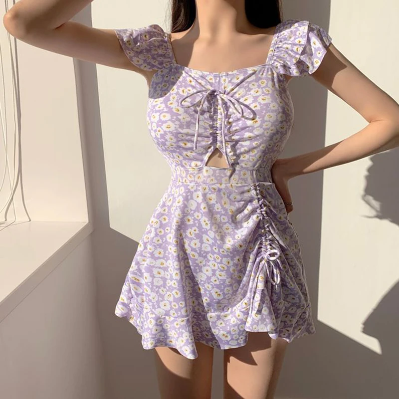 Holiday Purple Floral Print Korean Swimwear Woman 2025 Ruffled Dresses One Piece Swimsuit Drawstring Bather Beachwear Bikini